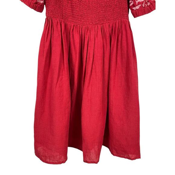 MerSea Voyageur 100% Linen Dress XL Red Embroidered Puff Sleeve Mini Beachy - Picture 4 of 12